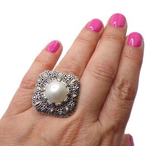 Bali 925/18K Accents Culture White Pearl Bold Ring Size 8